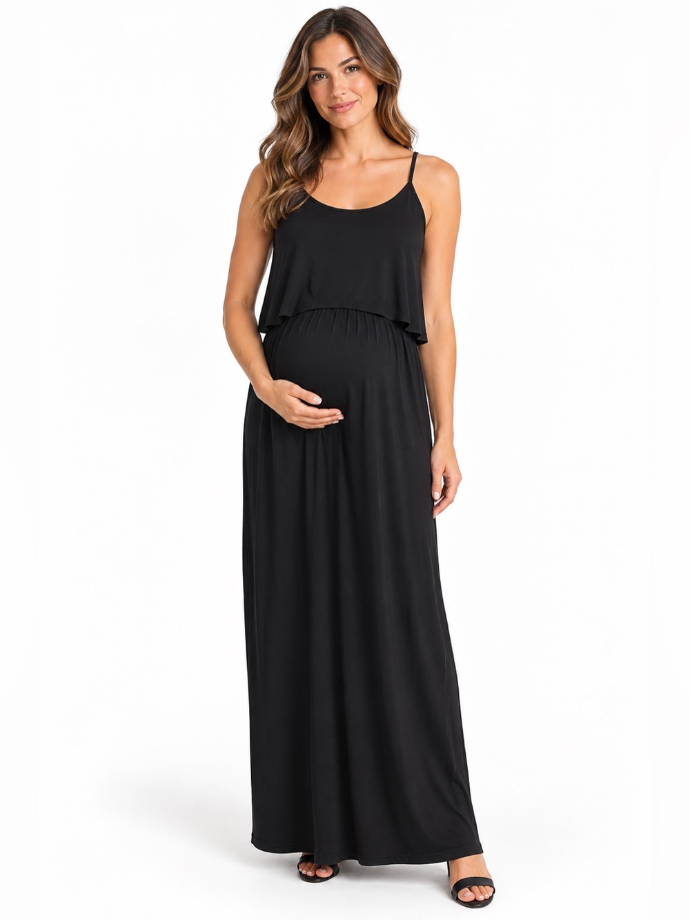 Dilisha Black Layered Maternity Maxi Dress Adjustable Straps Size S